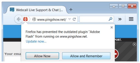 Firefox with outdated Flash: sample dialog box. Image courtesy http://pingshow.net/airewebcall/troubleshoot